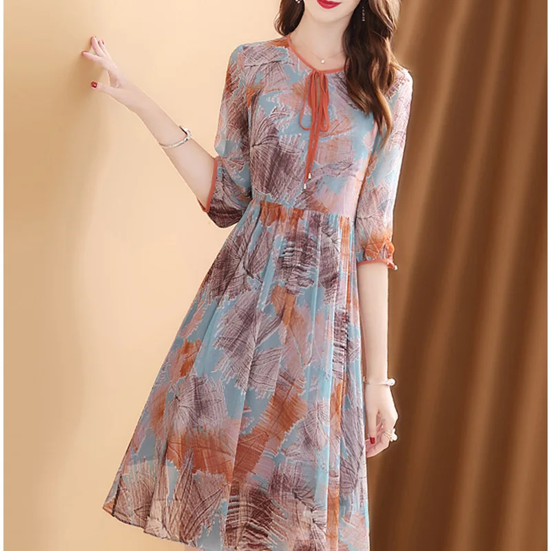 

Summer Imitated Silk Fabric Dress Faux Mulberry Silk 2019 New Style Mid-length Elegant Slim Fit Non-mainstream Printed A- line S