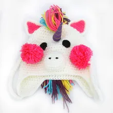 Милая мультяшная вязанная теплая шапка зимняя шапка Единорог для детей