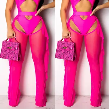 

2020 Women Beach Mesh Ruffles Edge Sheer Wide Leg Pants Transparent See through Summer Holiday Sea Cover Up Bikini Open Trouser