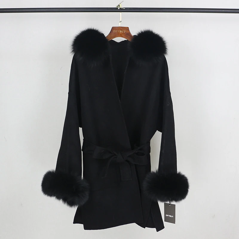 OFTBUY пальто с натуральным мехом, зимняя куртка для женщин, Воротник из натурального Лисьего меха, манжеты на капюшоне, кашемировая шерсть, шерстяная женская верхняя одежда больших размеров - Цвет: short black