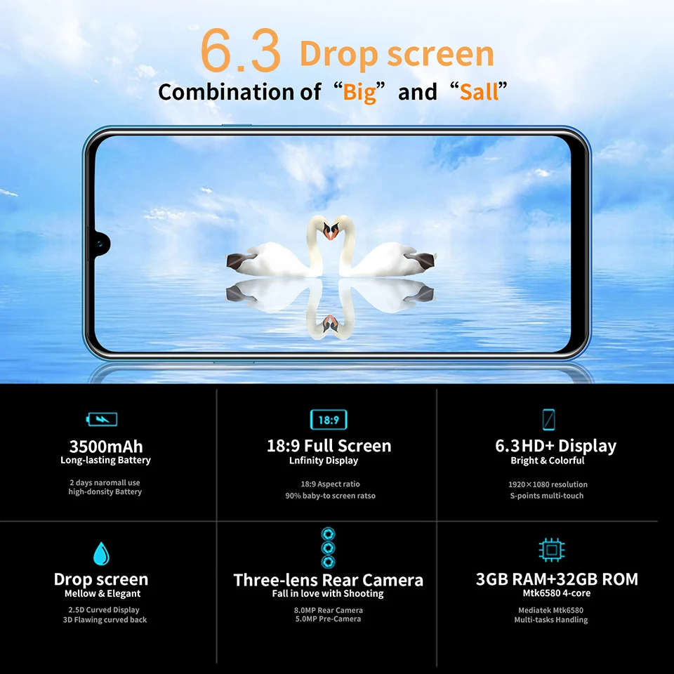 Глобальный многоязычный 6," дюймовый водный экран 3+ 32 ГБ Android 8,1 смартфон 3500 мАч Face ID смартфон бесплатно 3,5 мм наушники подарок