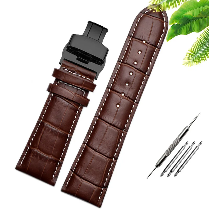 Wide Black & Brown Alligator Leather Watch Strap with Butterfly Clasp - Men's, Free Shipping