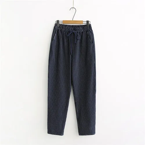 Navy pants Женская одежда из хлопка и льна, женские повседневные штаны, Модные свободные длинные штаны с эластичной резинкой на талии, прямые Полосатые брюки - Цвет: Navy pants
