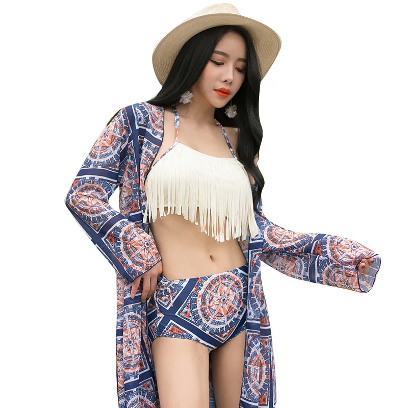 

Special Offer Women's Bikini 2018 South Korea New Style WOMEN'S Swimsuit Split Type Three Pieces Tassels Blouse Retro Long Sleev