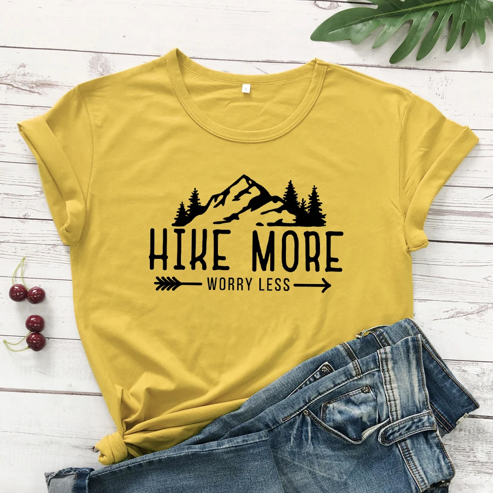 Hike More Worry Less T-shirt Casual Unisex Short Sleeve Graphic Hiking Outdoors Tees Tops Funny Women Summer Camping Tshirt