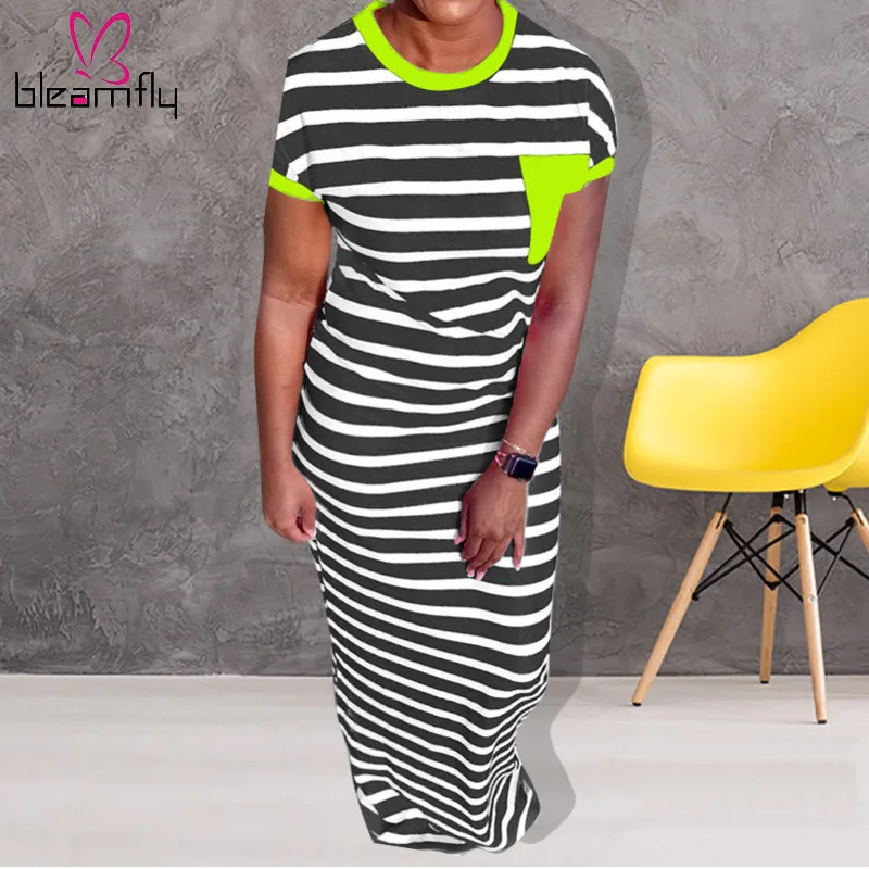 

Black And White Striped Causal Tshirt Dress For Women Summer O-Neck Short Sleeve Plus Size Long Dresses Sexy Pockets Vestidos