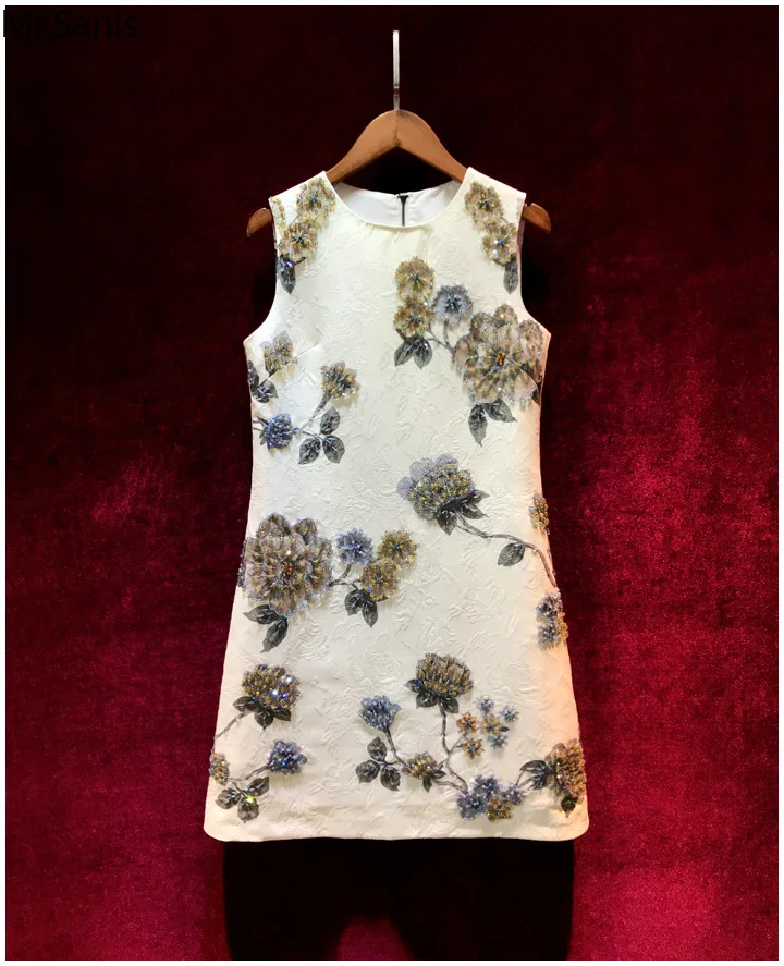 

Sanis Designer Custom Summer luxury Tank Short Dress Women's Crystal Beading Vintage Print Jacquard Party Dresses Vestdios