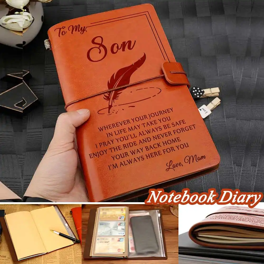 

KICUTE A6 Journal Diary To My Son Leather Notebook Card Holder Engraved Emboss Gift to Son Week Planner Agenda DIY Birthday Gift