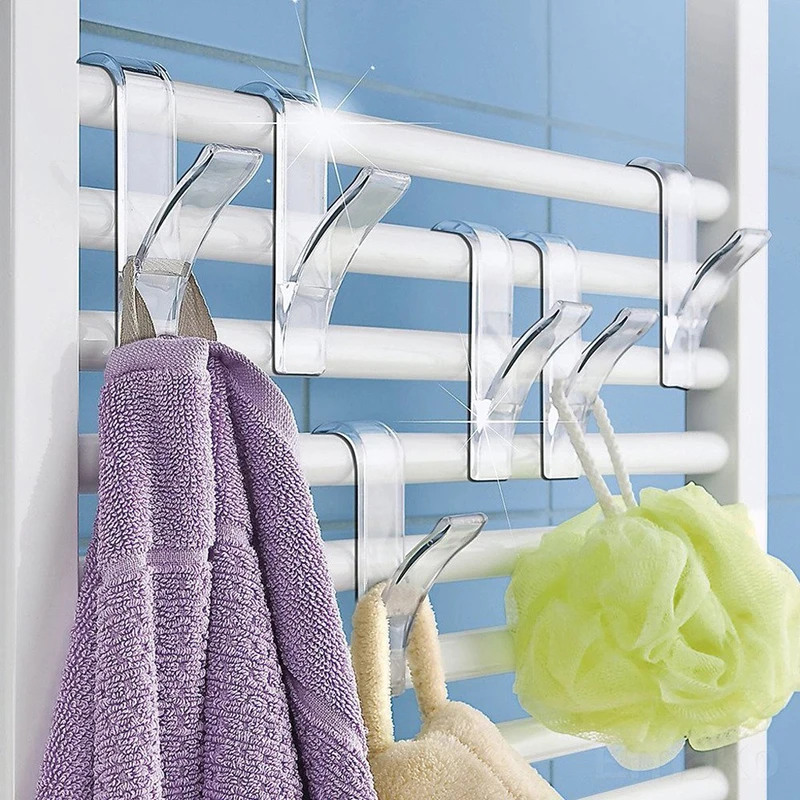 Kitchen Bathroom Hanger Clips Storage Racks White Clear Hanger Heated Towel Radiator Rail Clothes Scarf Hanger Hooks Holder 2