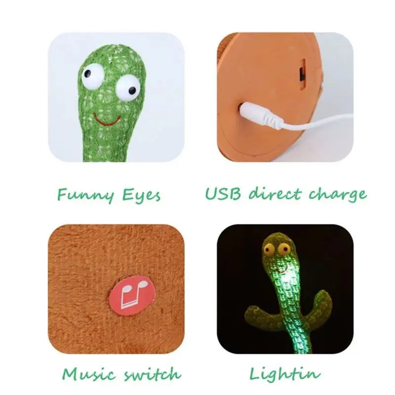 USB Charging Dancing Cactus Music Box Electronic Singing Plush Toy Cartoon Potted Holiday Decoration Gift Ornament For Home