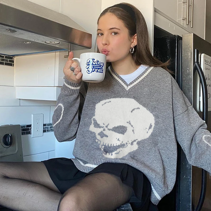Camisola de Malha Darlingaga Gótico Crânio Impressão Outono Inverno Mulher Suéteres Moda Solto Y2k Pulôver Harajuku Senhoras Puxar Femme 44 Cheap Pulôveres