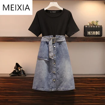 

MEIXIA 2020 Summer Woman Casual O-neck Dress Patchwork cowboy Pockets Single Breasted Loose Fashion Fake two pieces Dress