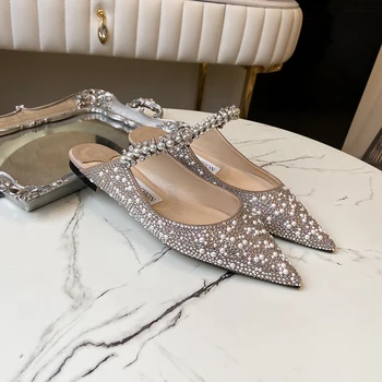 

Designer Shoes Women Luxury 2020 Soft Slip Resistance Sandals Flat Heel Pointy Toe Women Shoes with Pearl Women Flat Shoes