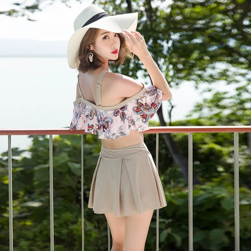 

Swimming Suit Women's Conservative Small Bust Gathering High-waisted A- line Skirt-Split Type Hipster Boxer South Korea Hot Spri