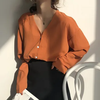 

New 2020 Spring Summer Elegant Women Solid Blouses V-Neck Single-breasted Casual Shirts Female Wild Long Sleeve Office Lady Tops