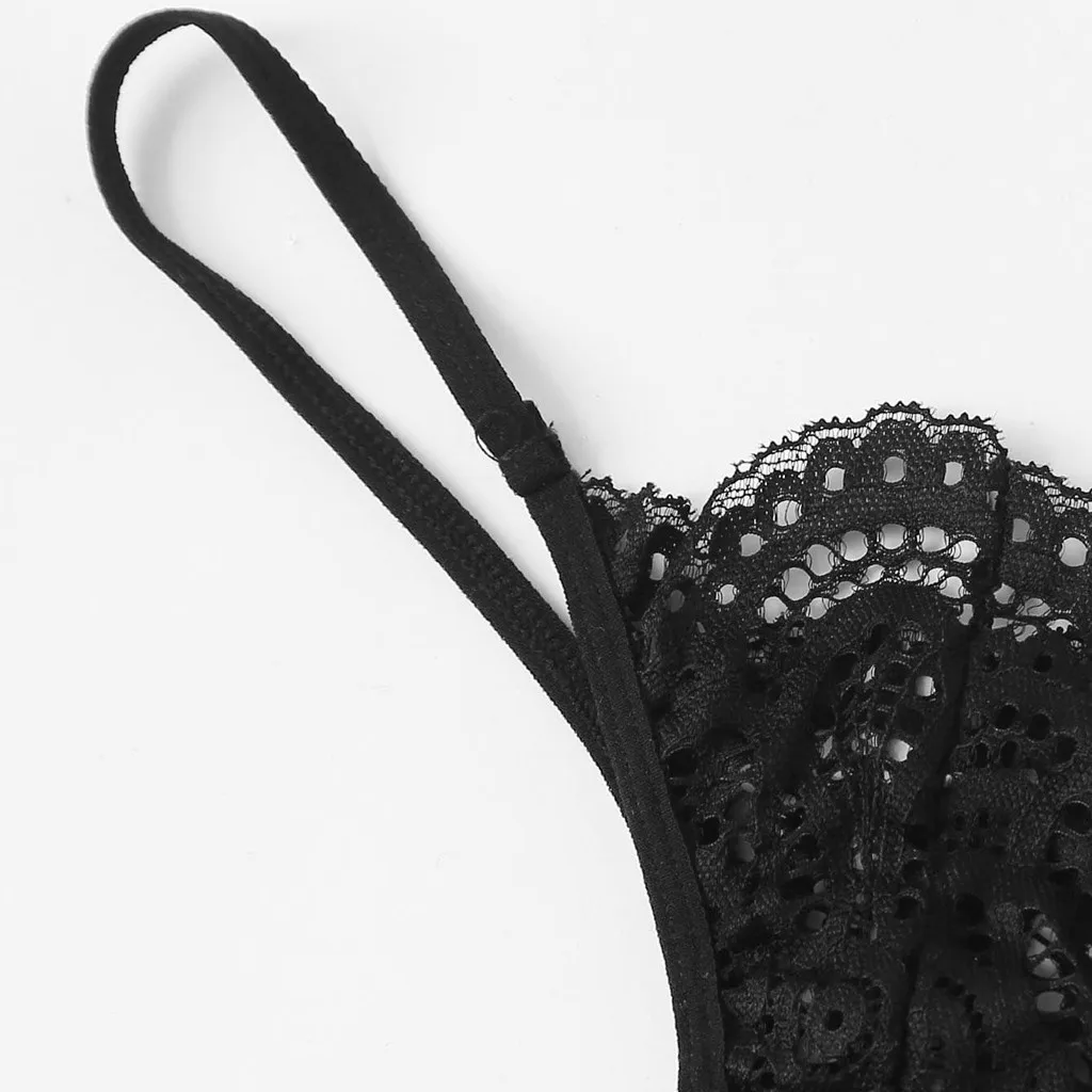 New Women Amazing Sexy Lace Bra Hollow Thong Garter Underwear Sleepwear Black Hollow Out Underpants Lingerie Set S-XL