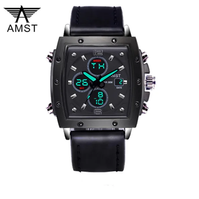 Relogio Masculino AMST мужские часы индикатор второго часового пояса наручные спортивные часы электронные квадратные часы мужские прямоугольные военные наручные часы - Цвет: black