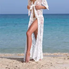 Длинное платье парео, Элегантный купальный костюм, Белая Кружевная туника, саронг пляжный халат, кафтан, Женская туника