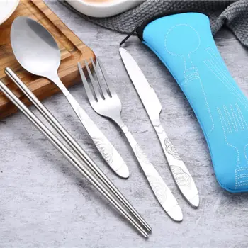 

Hot 4pcs/set Chopsticks Spoon Fork Cutlery Tableware With Portable Bag for Kitchen Bar Dinner Travel Camping Tableware