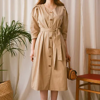 

DEAT 2020 new spring and summer V-neck three quarter single breasted kahki color waist belt female shirt dress WL37104L