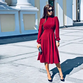 

Women Vintage Stand Collar A-line Party Dress Ladies Casual Long Sleeve Elegant Knee Dress 2020 Spring New Fashion Solid Dresses