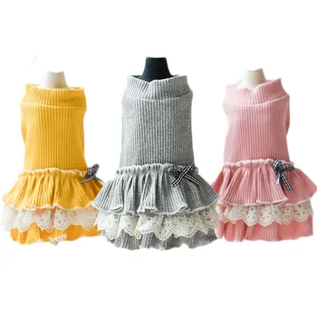 

Dog/Cat Dress Clothes Bow Boat Neck Knitted Dress For Small Dogs Spring PINK/YELLOW/GRAY Pomeranian Bichon Pet Skirt Clothing XS