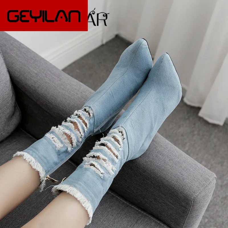 

Women Zipper Boots Denim Ankle Boots Thin heels Fashion Pointed toe Ladies Sexy shoes New Motorcycle boots tassel Hole Booties