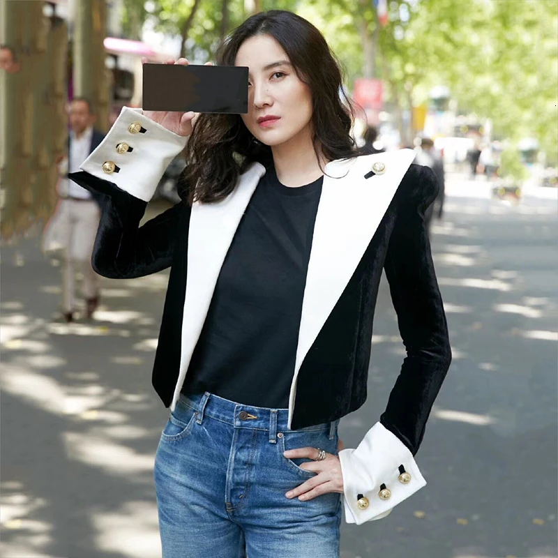 Women Blazer Black White Color Matching Short Women Blazers Jackets Vintage All Match Black Short Suit Gothic Coats HIGH QUALITY