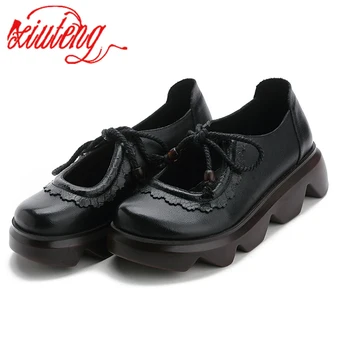 

New Ethnic Style Hand-stitched Cowhide Leather Shoes 2019 Spring Comfort Soft Women Flat Shoes Non-slip Retro Casual Shoes Woman