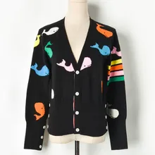 Роскошный брендовый дизайнерский вязаный кардиган для женщин Causel с v-образным вырезом контрастные цвета жаккардовые киты вязаный свитер белый черный