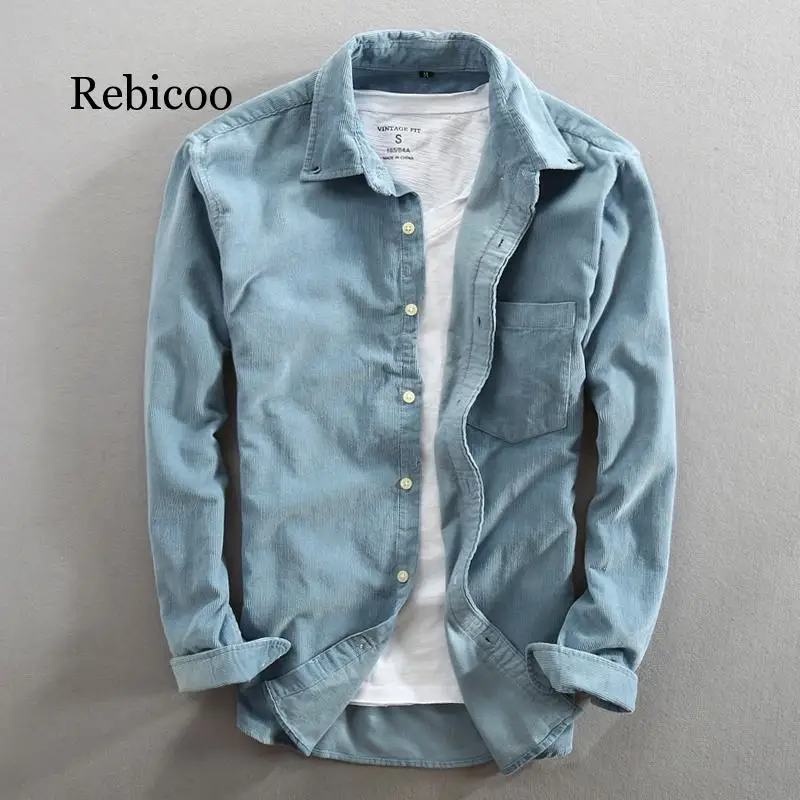 Men Spring And Autumn Fashion Brand Japan Style Vintage Slim Fit Corduroy Shirt Male Casual Blue Red Shirt Cloth