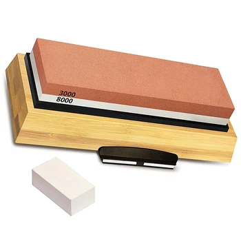 

Sharpening Stone 3000 & 8000 Grit - Double Sided Whetstone Set for Knives with Non-Slip Bamboo Base and Free Angle Gu