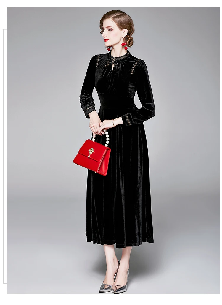Осенне-зимние элегантные черные бархатные платья, женское винтажное Плиссированное длинное платье с бантом и длинным рукавом с высокой талией, vestidos robe