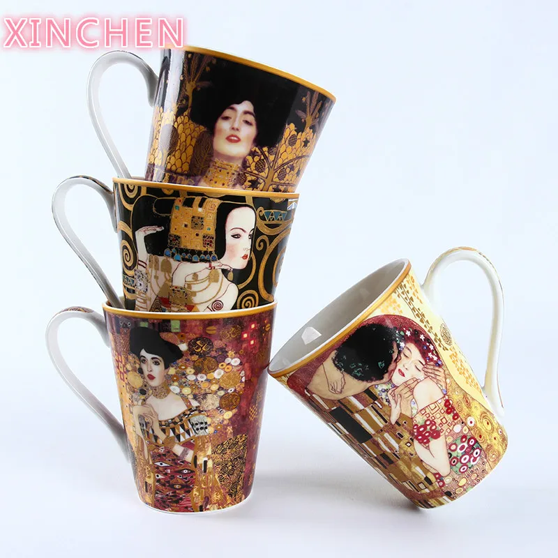 

Gustav Klimt Series Famous Oil Painting KISS WAIT Artwork Mug Coffee Tumbler Milk Breakfast Cup Taza Gato Xicara Koffie Kopjes
