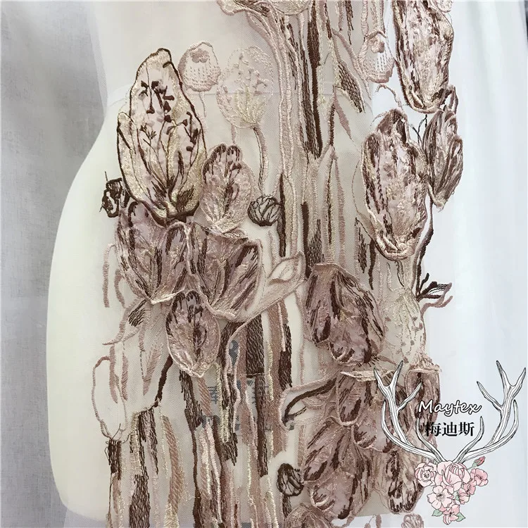 large long sequin beaded 3D embroidery gold flowers lace patch Dress DIY veil applique parche clothes hanfu decoration