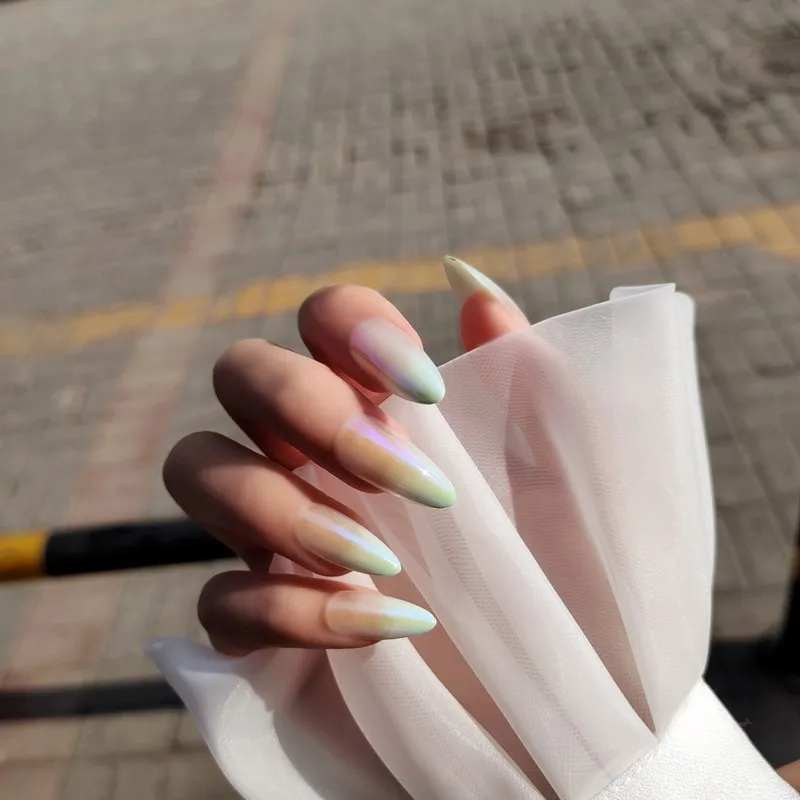 24pcs Green Color Aurora Gradient Long stiletto nail tips Simple Fashion Lasting Wearable Full Cover pre design acrylic nails