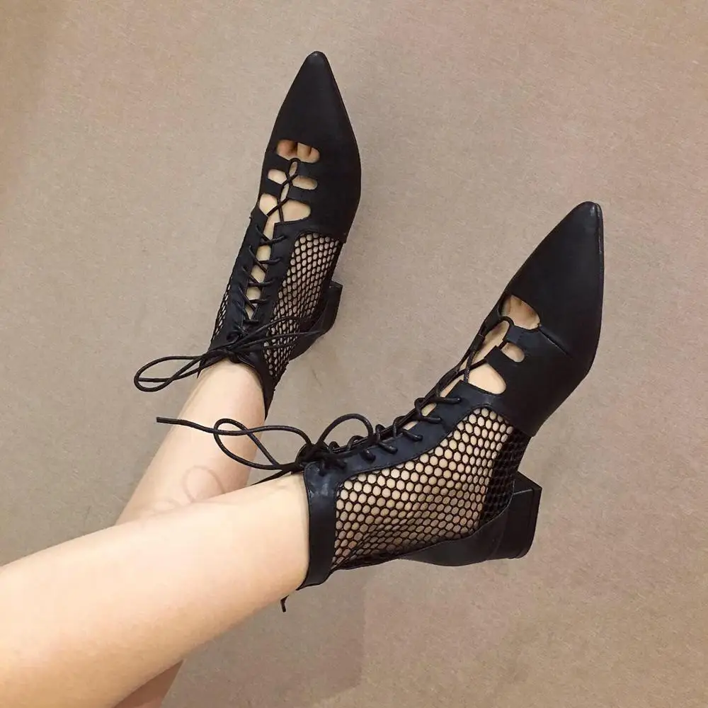 

Autumn Women Shoes Casual Low Heel Pointed Toe Black Booties Fashion Mesh Women Ankle Boots Lace Up Back Zipper Ladies Boots