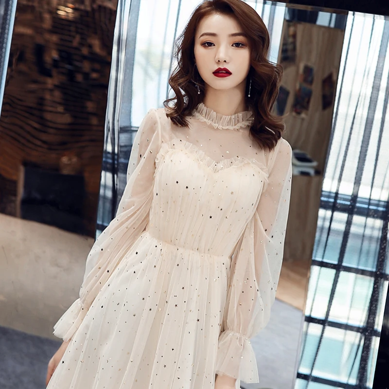 It's Yiiya Evening Dress Long Sleeve Evening Dresses Elegant Champagne Sequins Formal Gowns Plus Size robe de soiree LF182