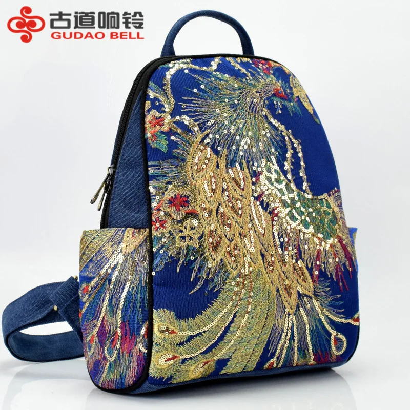 Стиль этнический стиль вышитые женские холщовые сумки Павлин блесток вышивка большой рюкзак поколение жира