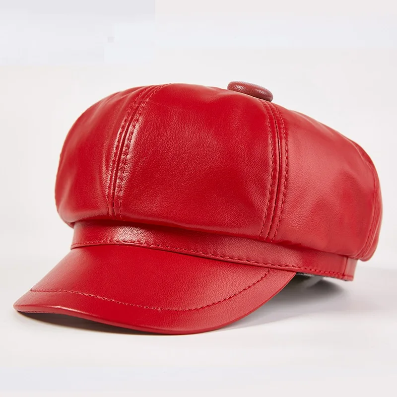 Women Genuine Leather Vintage Hat Women Sheepskin Newsboy Cap Baker Boy Cap High Quality Brand Ladies Winter Octagonal