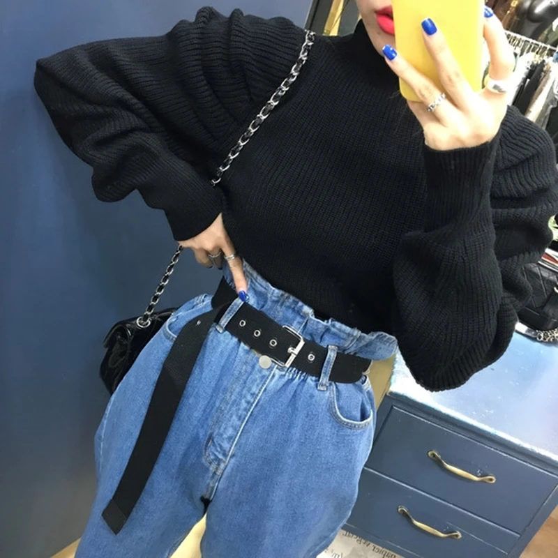 Korean Ruched Knitted Women's Sweaters O Neck Puff Long Sleeve Oversize Pullover Sweater Female 2019 Autumn Fashion New