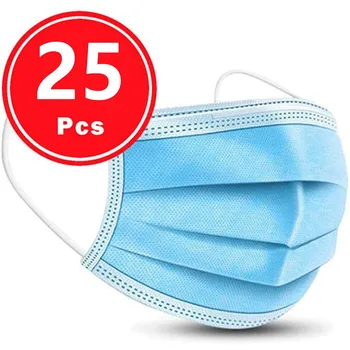 

25pc Blue 3 Layer Disposable Face Mask Good Quality Low Price Face Mask One Time Use Adult Bibs Common Scarf Handwear In Stock