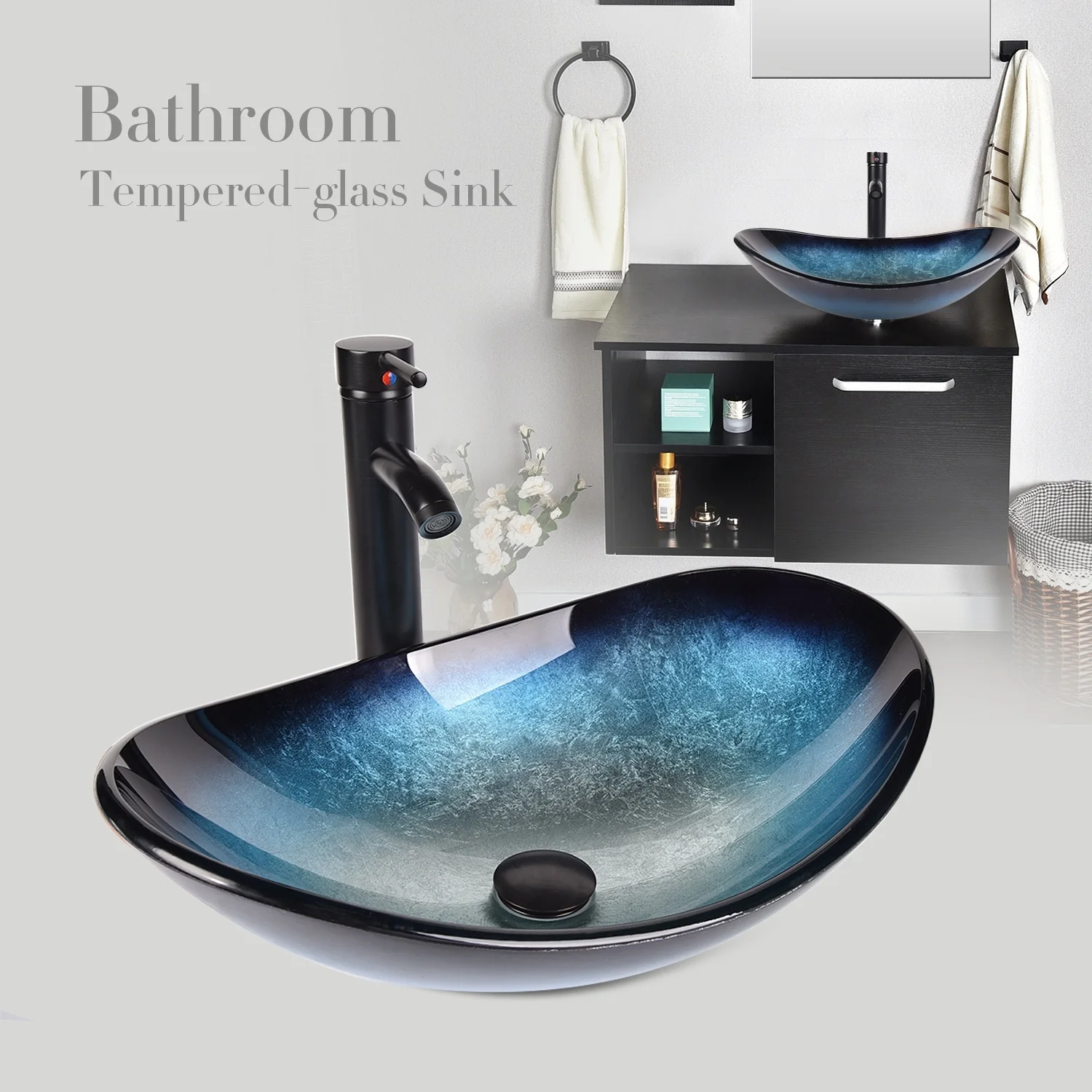 US Round Bathroom Black Tempered Glass Basin Bowl Vessel Sink Mixer Tap Combo 