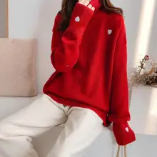 Женская зимняя красная водолазка вязаный свитер Корейская повседневная с вышитым сердцем пуловер Свитера