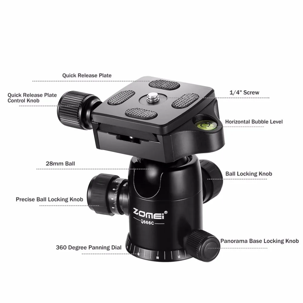 Professional ZOMEI Q666C Tripod Portable Travel Carbon Fiber Tripod Monopod Plastic Ball Head For DSLR SLR Digital Camera