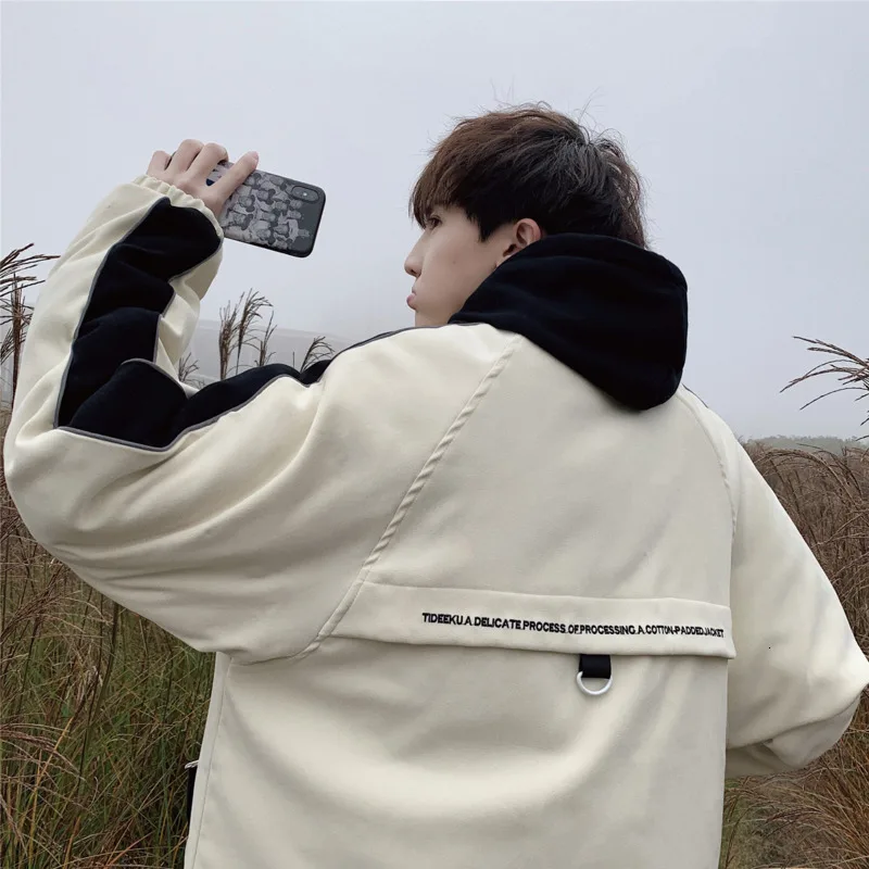 UYUK2019 Winter Jackets Mens New Color Contrast Casual Loose Fashion Trend Plus Velvet Thickening Tool Men's Cotton Coat Clothes