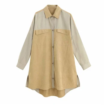 

Women chic patchwork long blouse pockets irregular long sleeve oversized female shirt elegant loose top blusas