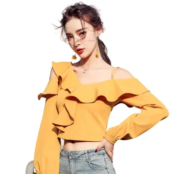 

Shirt Woman Irregular Camisole Strapless Long Sleeve Short Lotus Leaf Edge Small Blouse Female Womens Tops Blouses Top With Lace