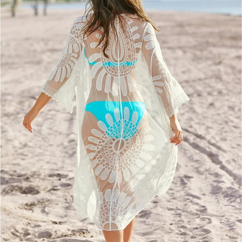 Swimsuit Cover Up Beach Tunic Bathing Suit Cover Ups Capes Bikini Swimming Dress Large Size Women's Kaftan White Lace Salida De