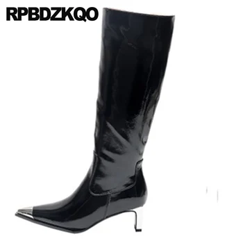 

fashion high heel black european block chunky patent leather shoes long knee pointed toe fur brand women winter boots genuine